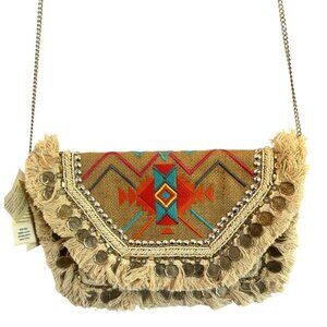 NWT Antik Kraft Boho Embroidered Fringe Crossbody Bag Coin Accents Chain Santa F